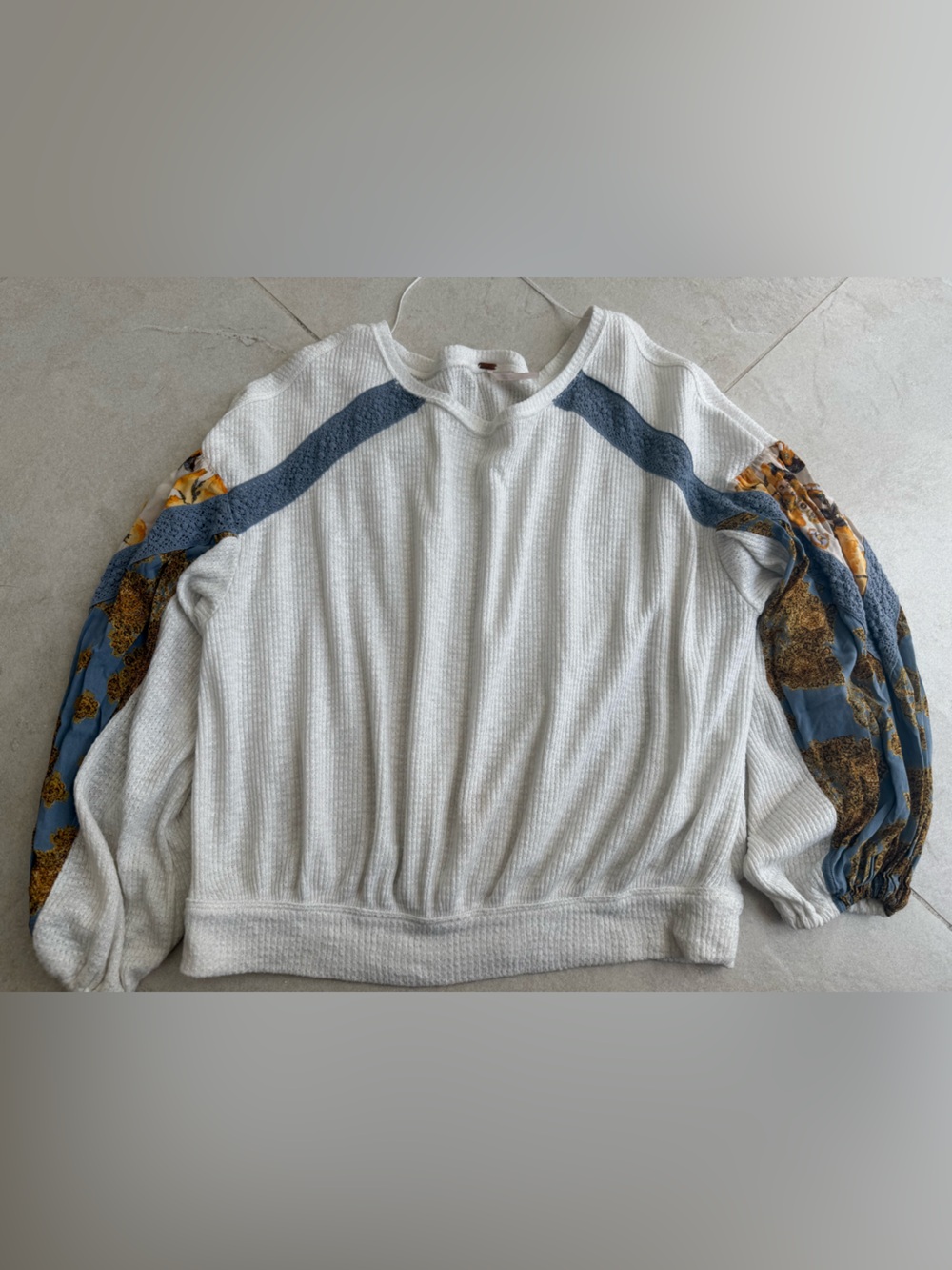 Free People White Waffle Knit Pullover with Blue and Mustard Floral Sleeves